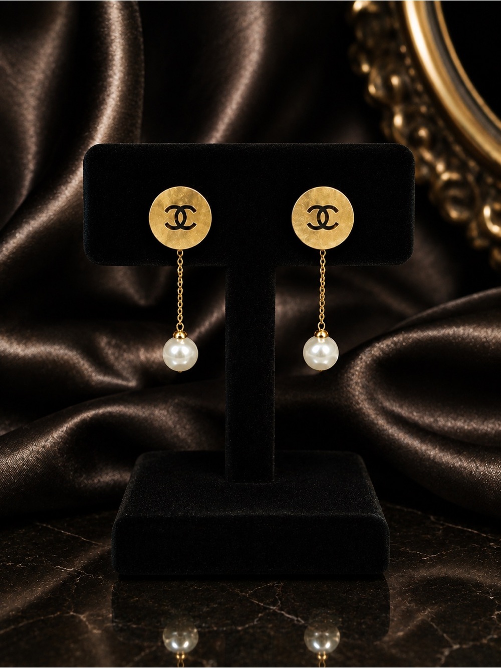 Gold CC Logo Disc & Pearl Drop Dangle Earrings